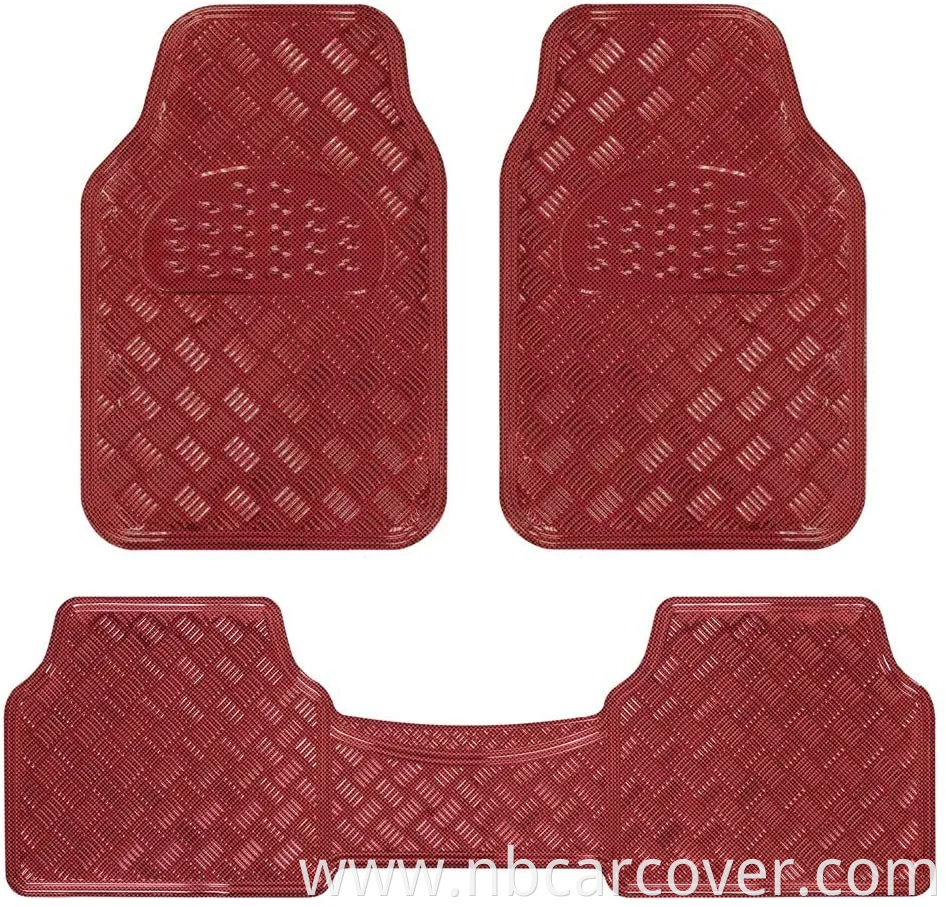 Universal Fit 3-Piece Set Metallic Design Car Floor Mat-Heavy Duty All Weather with Rubber Backing (Wine Red)